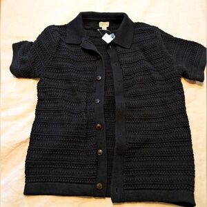 Short-sleeve cotton cable-knit cardigan sweater-polo